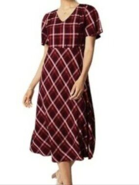 J. Jill Burgundy and Pink Plaid Midi Dress